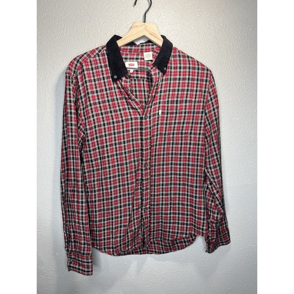 Womens Levis Shirt Red Plaid Corduroy Collar Flannel Button Up Size Small